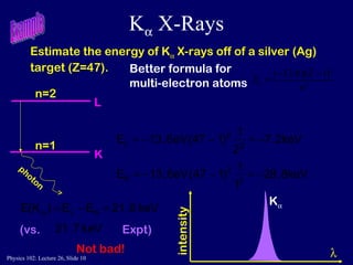 K   X-Rays Estimate the energy of K   X-rays off of a silver (Ag) target (Z=47). Not bad! Example L K n=2 n=1 photon (vs. Expt)  intensity K  Better formula for multi-electron atoms  