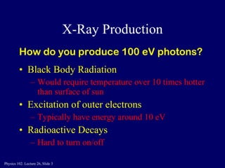 X-Ray Production Black Body Radiation Would require temperature over 10 times hotter than surface of sun Excitation of outer electrons Typically have energy around 10 eV Radioactive Decays Hard to turn on/off How do you produce 100 eV photons? 