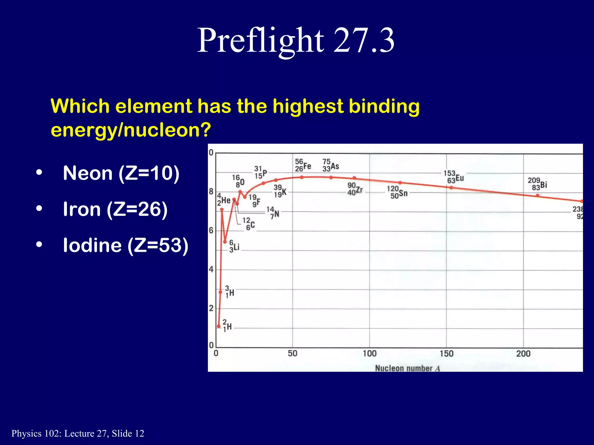 Preflight 27.3 Neon (Z=10)  Iron (Z=26) Iodine (Z=53) Which element has the highest binding energy/nucleon? 