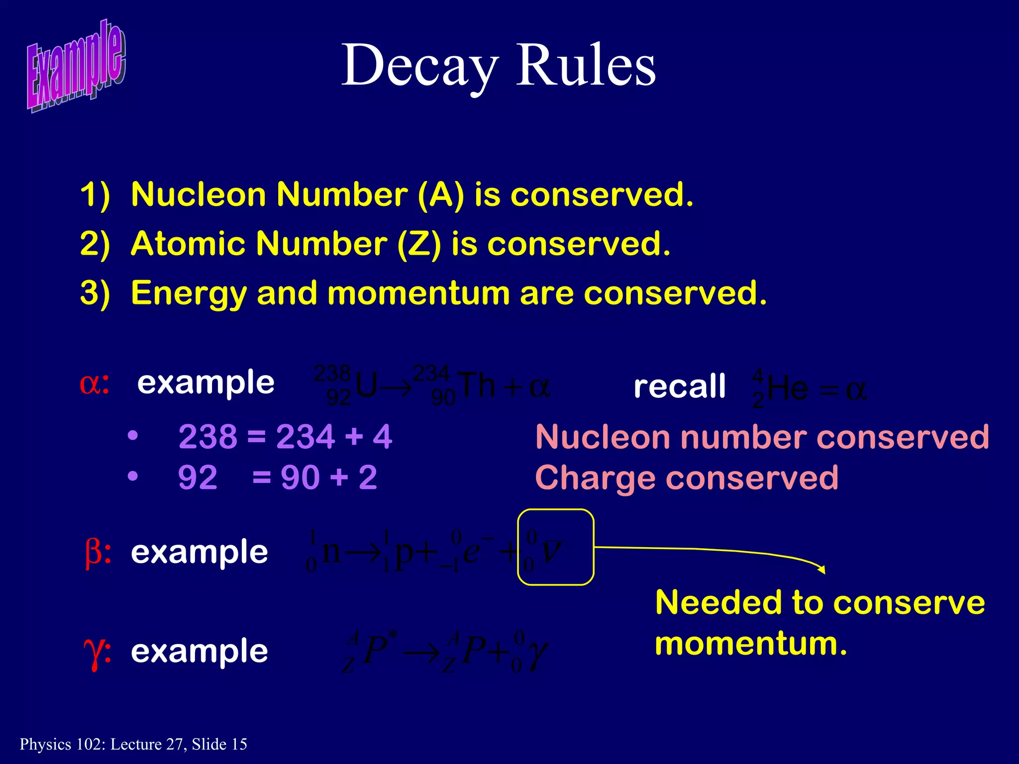 Decay Rules  :   example   recall  :   example   Nucleon Number (A) is conserved. Atomic Number (Z) is conserved. Energy and momentum are conserved.  :   example   238 = 234 + 4 Nucleon number conserved 92  = 90 + 2 Charge conserved Needed to conserve momentum. Example 