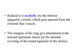 • Related to it medially are the inferior
epigastric vessels, which pass upward from the
external iliac vessels.

• The margins of the ring give attachment to the
internal spermatic fascia (or the internal
covering of the round ligament of the uterus).

 