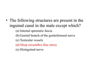 • The following structures are present in the
inguinal canal in the male except which?
(a) Internal spermatic fascia
(b) Genital branch of the genitofemoral nerve
(c) Testicular vessels
(d) Deep circumflex iliac artery
(e) Ilioinguinal nerve

 
