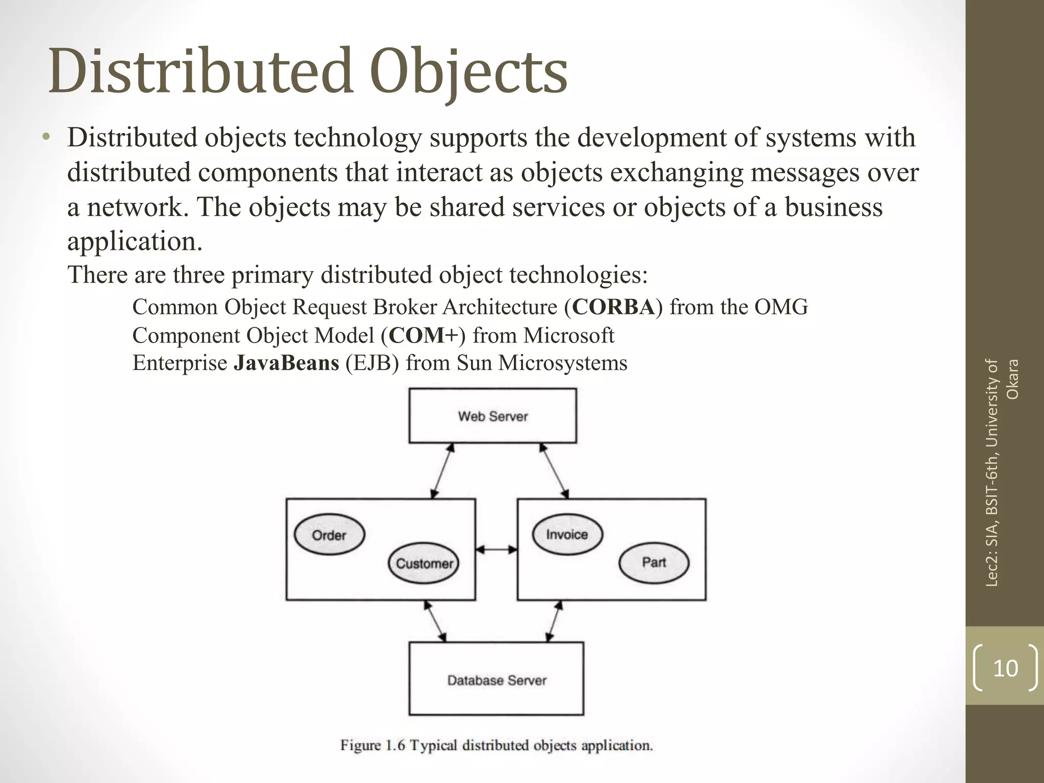 Distributed Objects
• Distributed objects technology supports the development of systems with
distributed components that interact as objects exchanging messages over
a network. The objects may be shared services or objects of a business
application.
There are three primary distributed object technologies:
Common Object Request Broker Architecture (CORBA) from the OMG
Component Object Model (COM+) from Microsoft
Enterprise JavaBeans (EJB) from Sun Microsystems
Lec2:SIA,BSIT-6th,Universityof
Okara
10
 