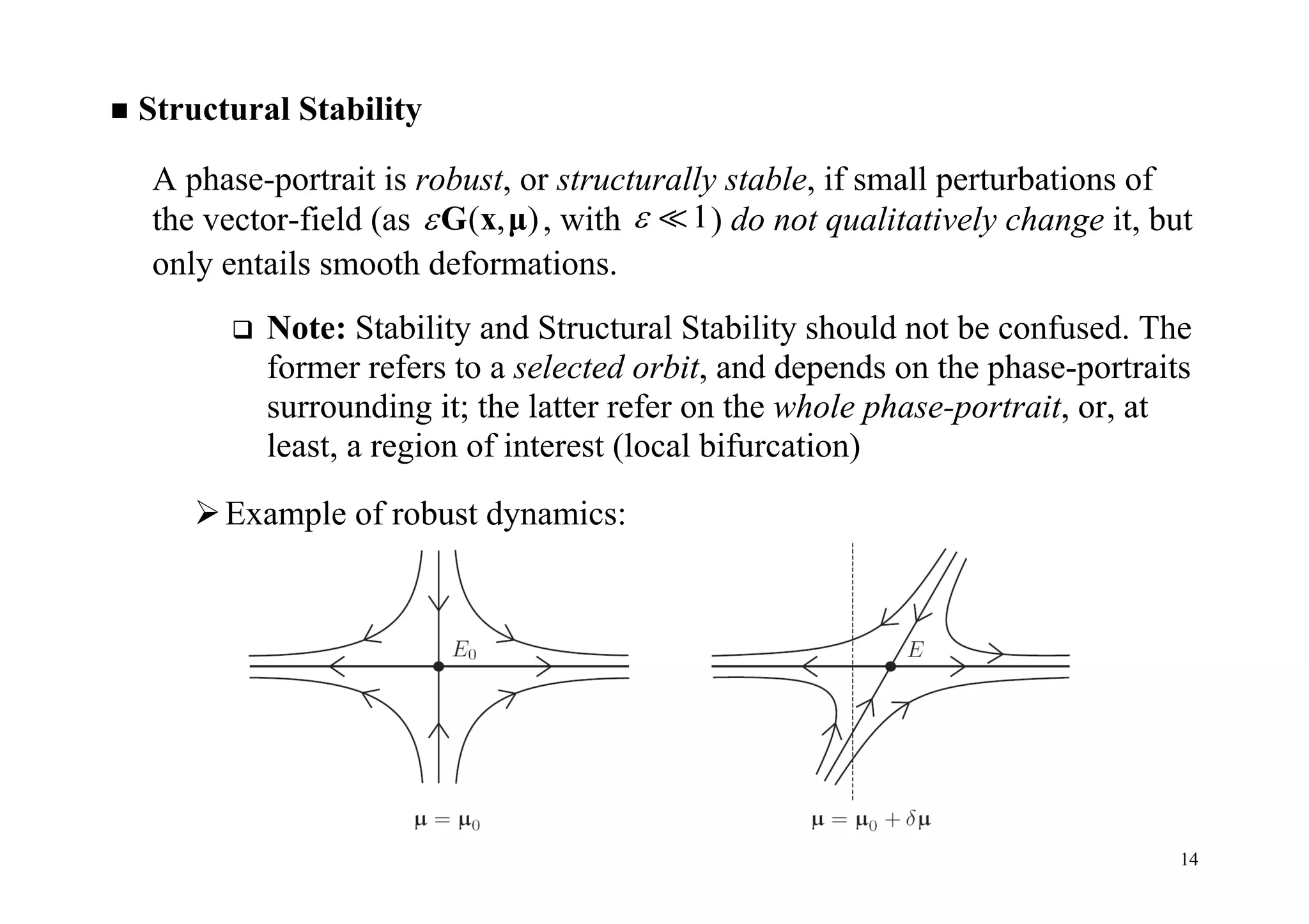 14
 Structural Stability
A phase-portrait is robust, or structurally stable, if small perturbations of
the vector-field (as ( , )G x μ , with 1  ) do not qualitatively change it, but
only entails smooth deformations.
 Note: Stability and Structural Stability should not be confused. The
former refers to a selected orbit, and depends on the phase-portraits
surrounding it; the latter refer on the whole phase-portrait, or, at
least, a region of interest (local bifurcation)
Example of robust dynamics:
 