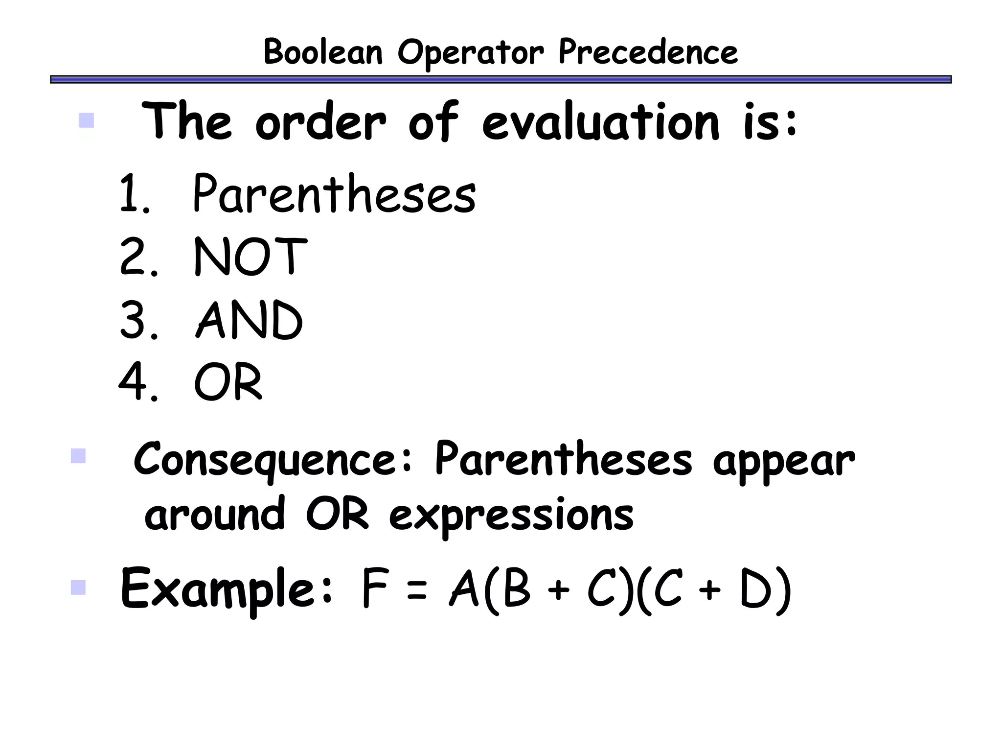 Boolean Operator Precedence
 The order of evaluation is:
1. Parentheses
2. NOT
3. AND
4. OR
 Consequence: Parentheses appear
around OR expressions
 Example: F = A(B + C)(C + D)
 