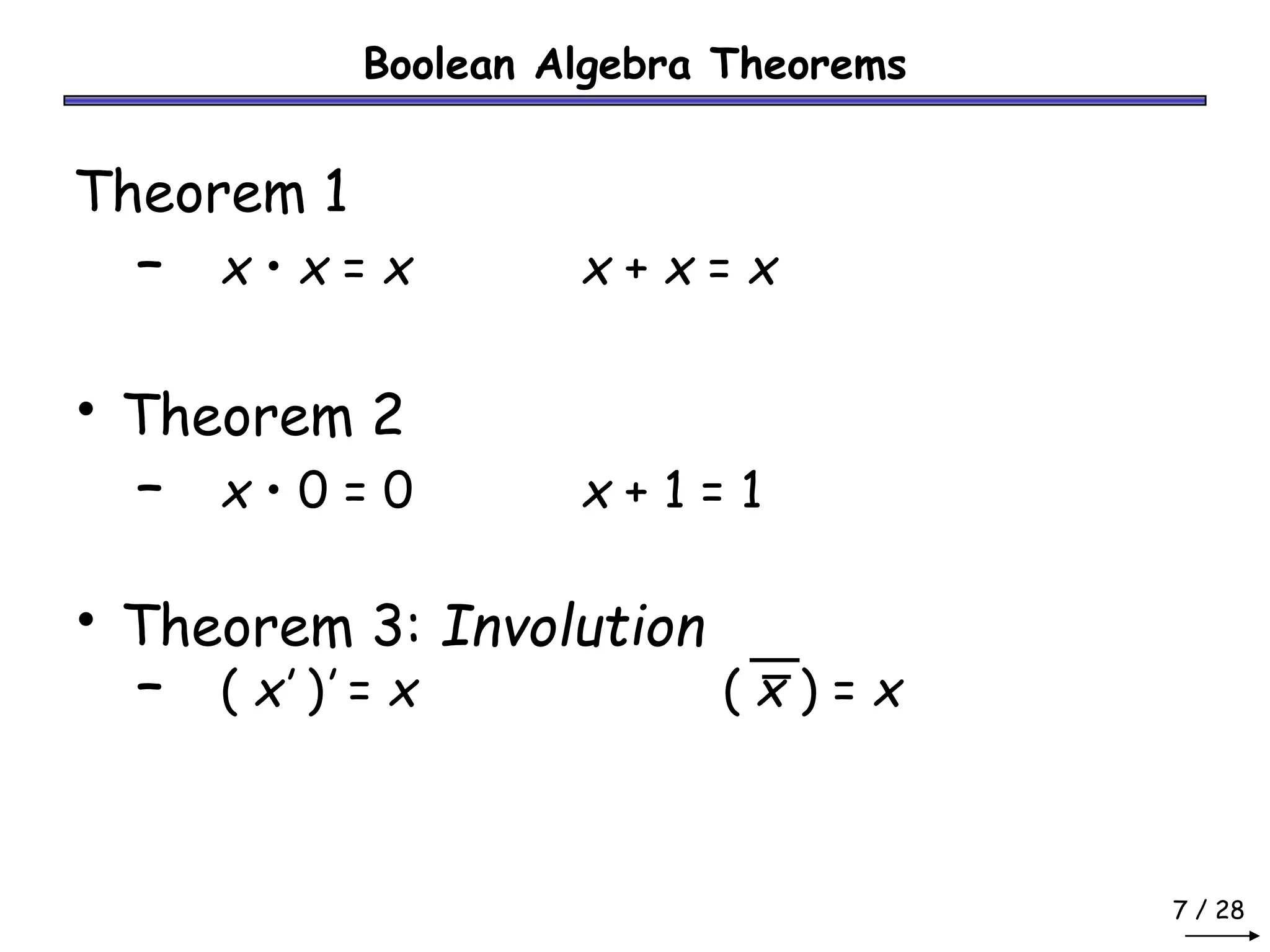 7 / 28
Boolean Algebra Theorems
Theorem 1
– x • x = x x + x = x
• Theorem 2
– x • 0 = 0 x + 1 = 1
• Theorem 3: Involution
– ( x’ )’ = x ( x ) = x
 