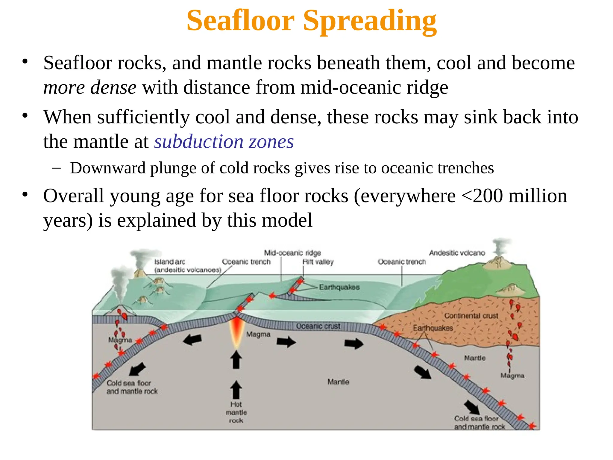 Seafloor Spreading
• Seafloor rocks, and mantle rocks beneath them, cool and become
more dense with distance from mid-oceanic ridge
• When sufficiently cool and dense, these rocks may sink back into
the mantle at subduction zones
– Downward plunge of cold rocks gives rise to oceanic trenches
• Overall young age for sea floor rocks (everywhere <200 million
years) is explained by this model
 