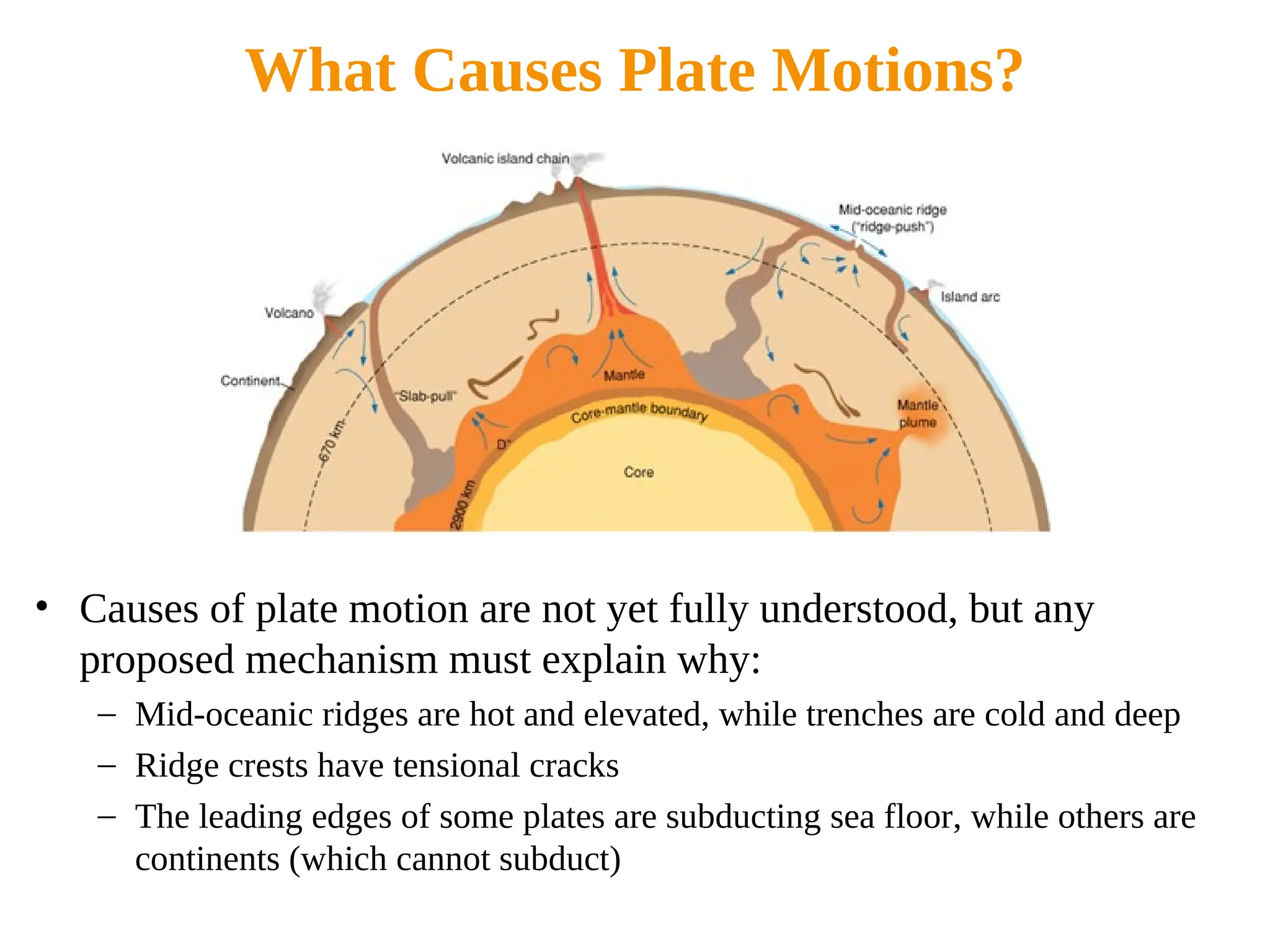 What Causes Plate Motions?
• Causes of plate motion are not yet fully understood, but any
proposed mechanism must explain why:
– Mid-oceanic ridges are hot and elevated, while trenches are cold and deep
– Ridge crests have tensional cracks
– The leading edges of some plates are subducting sea floor, while others are
continents (which cannot subduct)
 