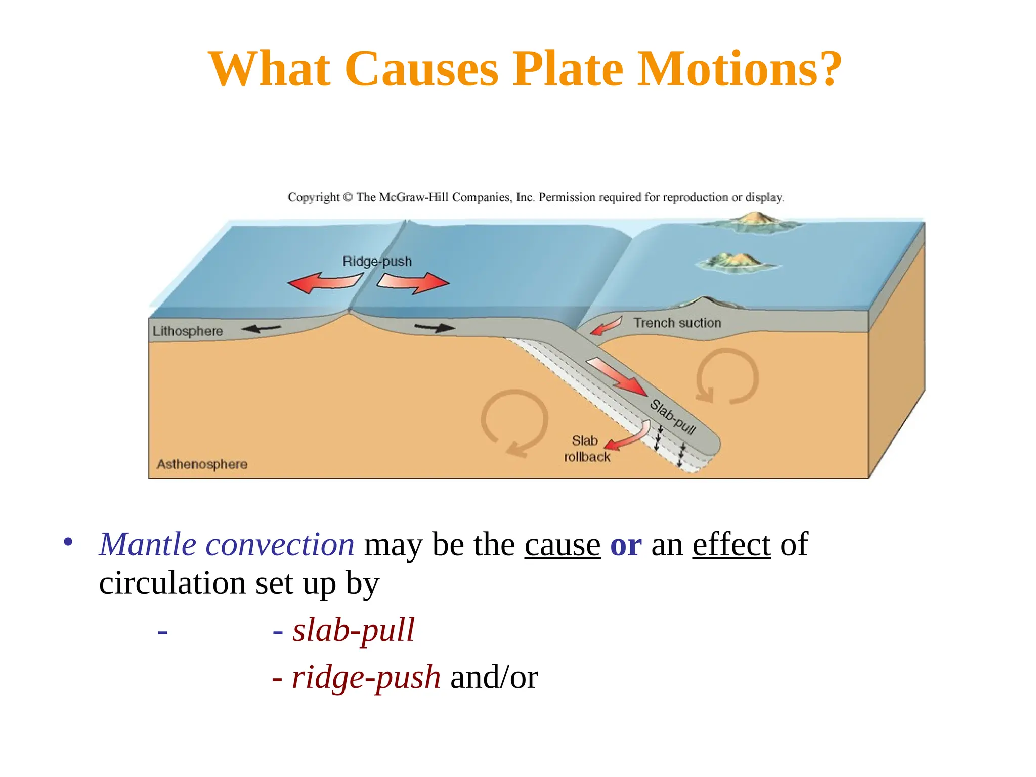 • Mantle convection may be the cause or an effect of
circulation set up by
- - slab-pull
- ridge-push and/or
What Causes Plate Motions?
 