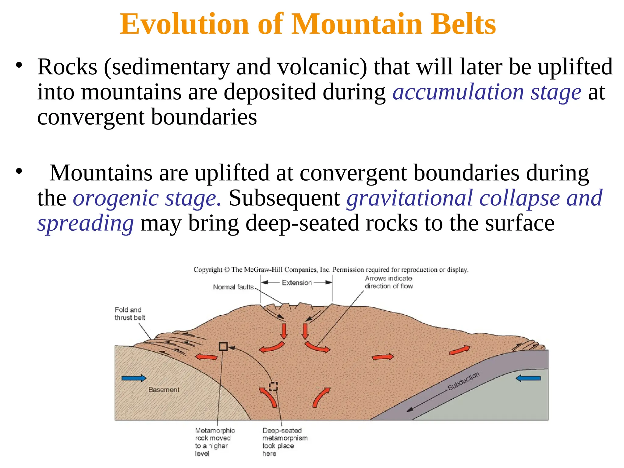Evolution of Mountain Belts
• Rocks (sedimentary and volcanic) that will later be uplifted
into mountains are deposited during accumulation stage at
convergent boundaries
• Mountains are uplifted at convergent boundaries during
the orogenic stage. Subsequent gravitational collapse and
spreading may bring deep-seated rocks to the surface
 
