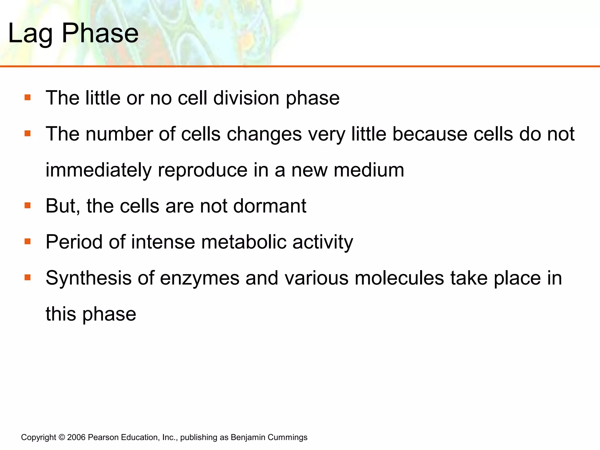 Copyright © 2006 Pearson Education, Inc., publishing as Benjamin Cummings
Lag Phase
 The little or no cell division phase
 The number of cells changes very little because cells do not
immediately reproduce in a new medium
 But, the cells are not dormant
 Period of intense metabolic activity
 Synthesis of enzymes and various molecules take place in
this phase
 