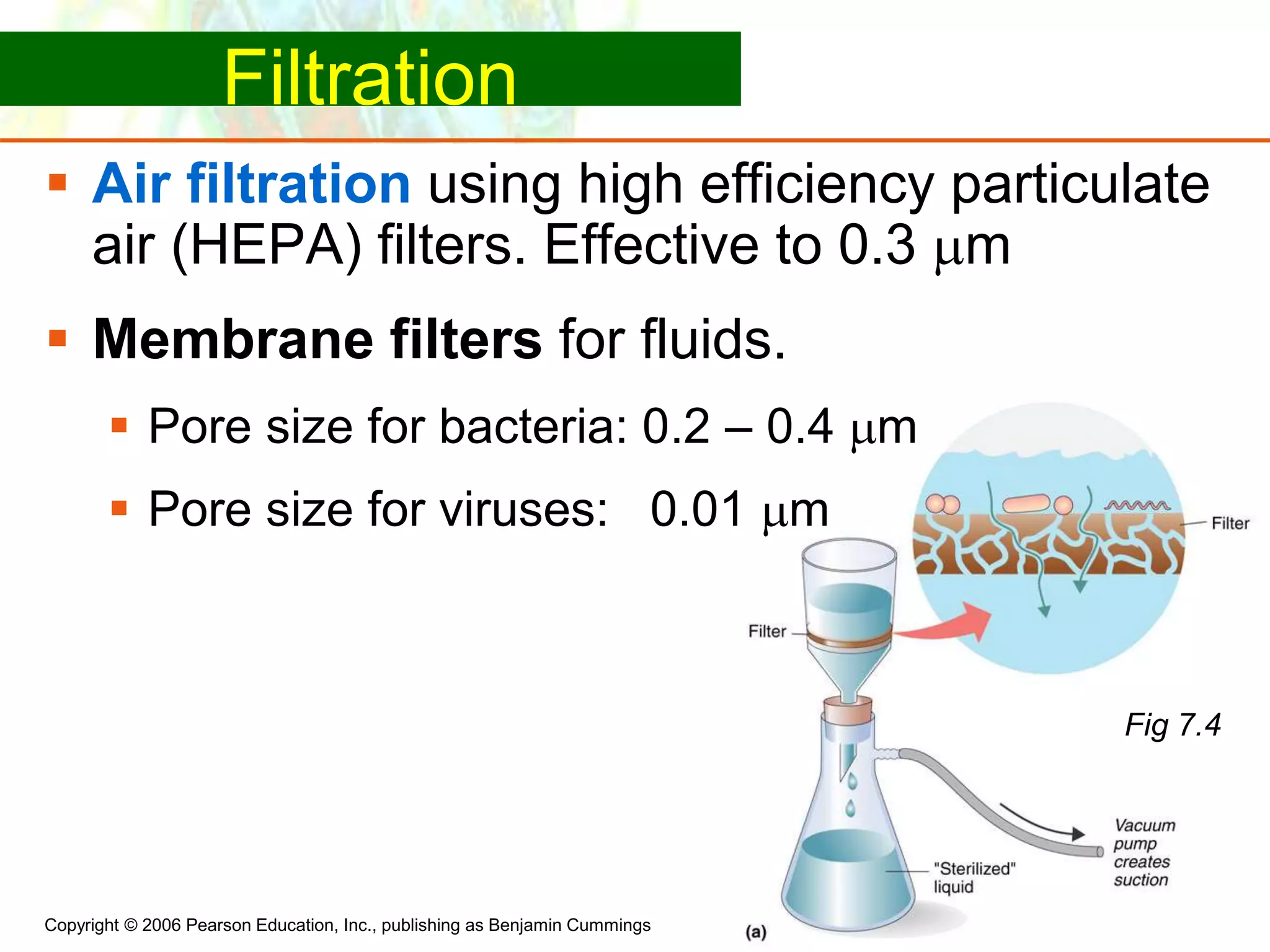 Copyright © 2006 Pearson Education, Inc., publishing as Benjamin Cummings
Filtration
 Air filtration using high efficiency particulate
air (HEPA) filters. Effective to 0.3 m
 Membrane filters for fluids.
 Pore size for bacteria: 0.2 – 0.4 m
 Pore size for viruses: 0.01 m
Fig 7.4
 