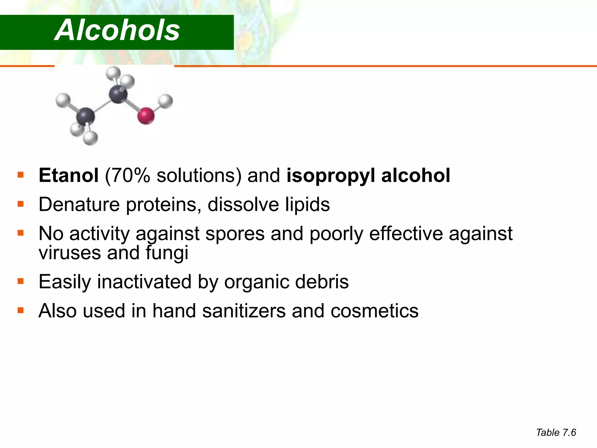 Copyright © 2006 Pearson Education, Inc., publishing as Benjamin Cummings
 Etanol (70% solutions) and isopropyl alcohol
 Denature proteins, dissolve lipids
 No activity against spores and poorly effective against
viruses and fungi
 Easily inactivated by organic debris
 Also used in hand sanitizers and cosmetics
Table 7.6
Alcohols
 