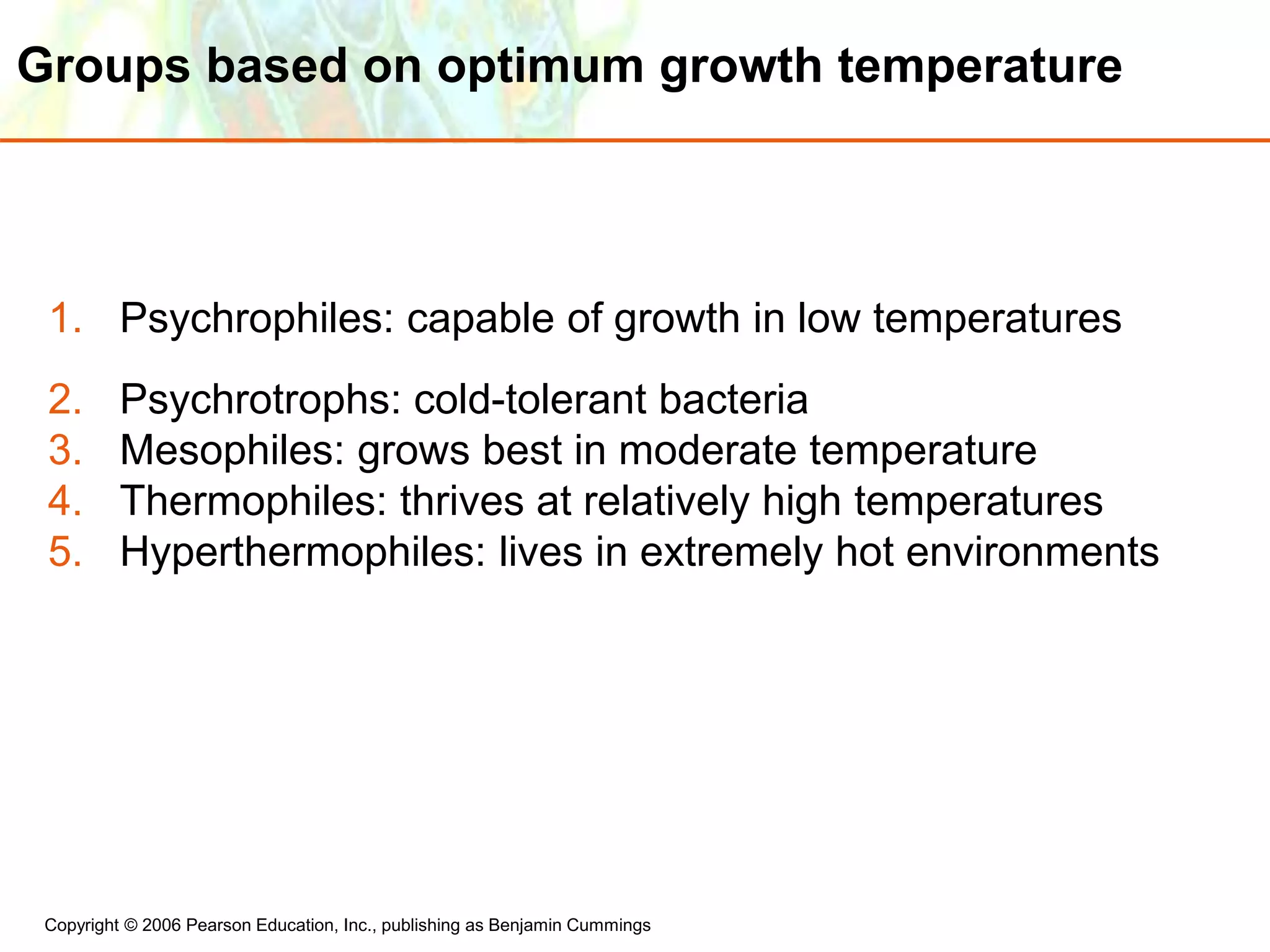 Copyright © 2006 Pearson Education, Inc., publishing as Benjamin Cummings
Groups based on optimum growth temperature
1. Psychrophiles: capable of growth in low temperatures
2. Psychrotrophs: cold-tolerant bacteria
3. Mesophiles: grows best in moderate temperature
4. Thermophiles: thrives at relatively high temperatures
5. Hyperthermophiles: lives in extremely hot environments
 