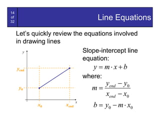 14
of
32
                                      Line Equations
     Let’s quickly review the equations involved
     in drawing lines
        y                    Slope-intercept line
                             equation:
     yend                            y = m× x +b
                                  where:
                                       yend - y0
      y0                            m=
                                       xend - x0
                                     b = y 0 - m × x0
                              x
            x0         xend
 