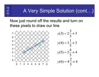 19
of
32
                  A Very Simple Solution (cont…)
     Now just round off the results and turn on
     these pixels to draw our line
                                                       3
      7                                       y (3) = 2 » 3
      6                                                5
      5                                                1
      4
                                              y (4) = 3 » 3
                                                       5
      3
                                                       4
      2                                       y (5) = 3 » 4
      1                                                5
      0                                                2
                                              y (6) = 4 » 4
          0   1   2   3   4   5   6   7   8            5
 