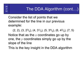 26
of
32
                    The DDA Algorithm (cont…)
     Consider the list of points that we
     determined for the line in our previous
     example:
        (2, 2), (3, 23/5), (4, 31/5), (5, 34/5), (6, 42/5), (7, 5)
     Notice that as the x coordinates go up by
     one, the y coordinates simply go up by the
     slope of the line
     This is the key insight in the DDA algorithm
 