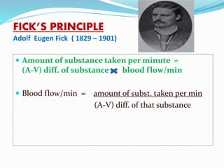 FICK’S PRINCIPLE
Adolf Eugen Fick ( 1829 – 1901)
 Amount of substance taken per minute =
(A-V) diff. of substance blood flow/min
 Blood flow/min = amount of subst. taken per min
(A-V) diff. of that substance
 