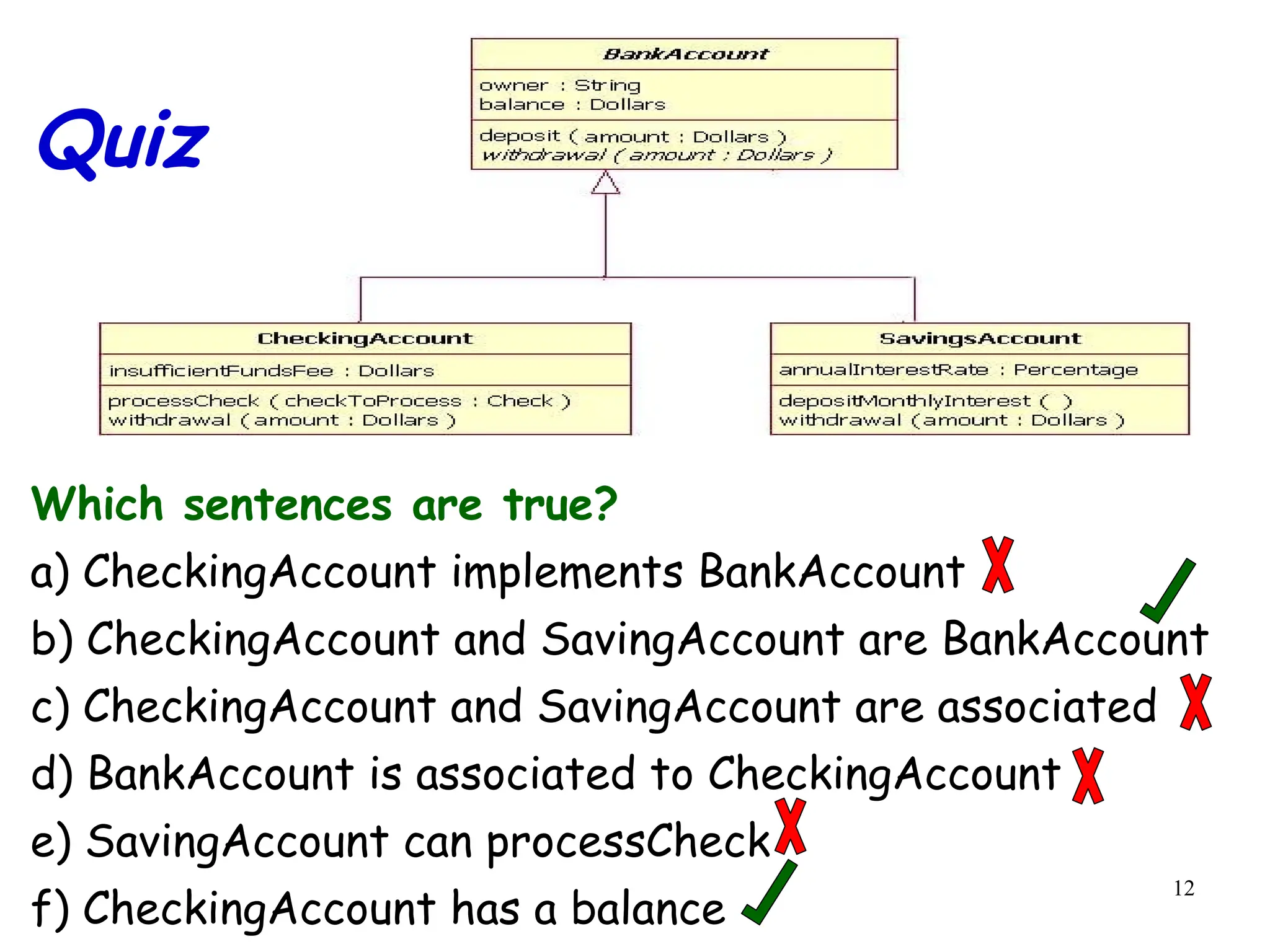 12
Which sentences are true?
a) CheckingAccount implements BankAccount
b) CheckingAccount and SavingAccount are BankAccount
c) CheckingAccount and SavingAccount are associated
d) BankAccount is associated to CheckingAccount
e) SavingAccount can processCheck
f) CheckingAccount has a balance
Quiz
 