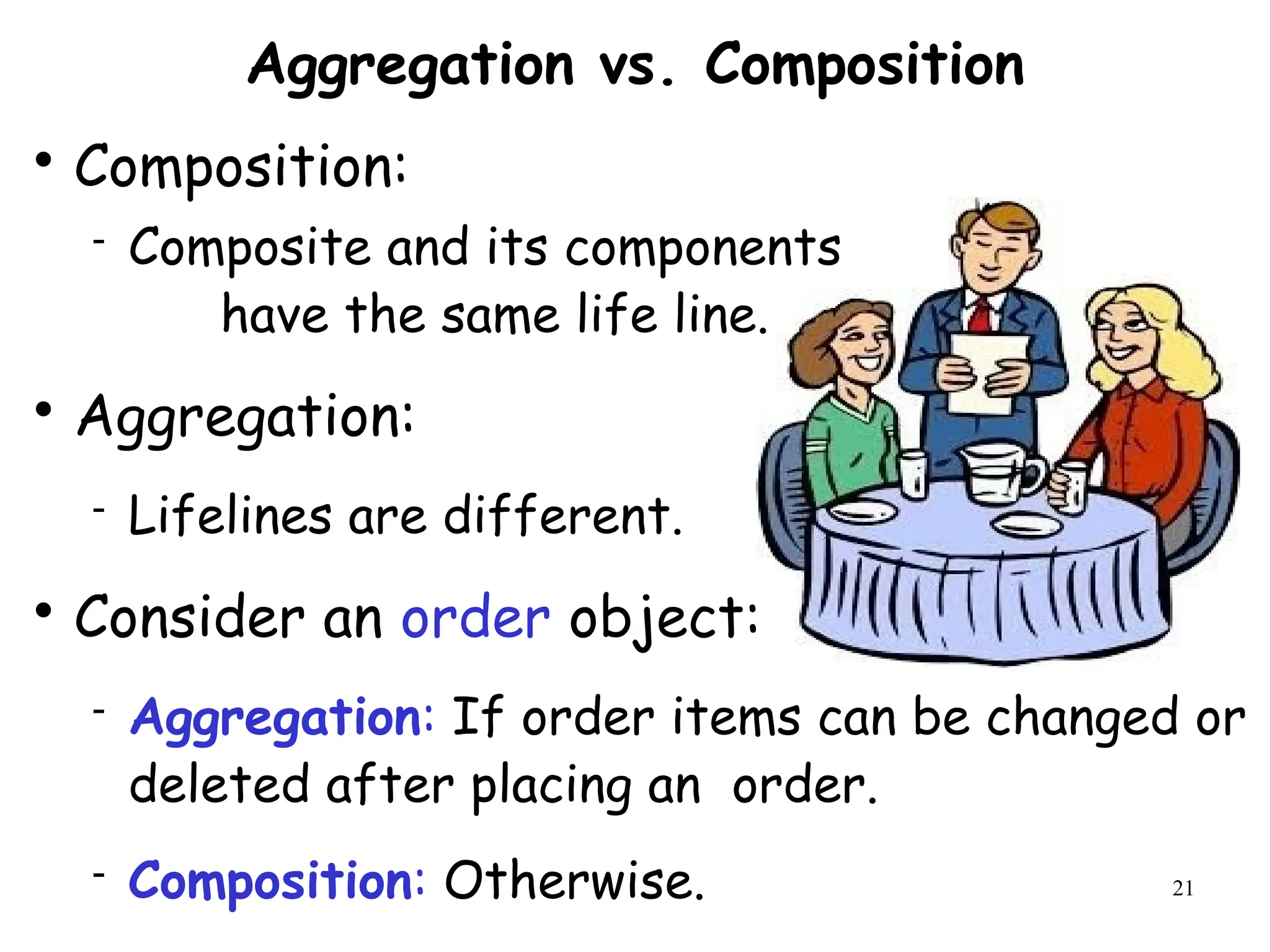 21
Aggregation vs. Composition

Composition:
 Composite and its components
have the same life line.

Aggregation:
 Lifelines are different.

Consider an order object:
 Aggregation: If order items can be changed or
deleted after placing an order.
 Composition: Otherwise.
 