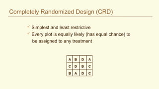 Completely Randomized Design (CRD)
 Simplest and least restrictive
 Every plot is equally likely (has equal chance) to
be assigned to any treatment
A A
A
B
B
B
C
C
C
D
D
D
 