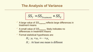 The Analysis of Variance
 A large value of SSTreatments reflects large differences in
treatment means
 A small value of SSTreatments likely indicates no
differences in treatment means
 Formal statistical hypotheses are:
L. M. Lye DOE Course 34
T Treatments E
SS SS SS
 
0 1 2
1
:
: At least one mean is different
a
H
H
  
  

 