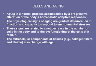 CELLS AND AGING Aging  is a normal process accompanied by a progressive alteration of the body’s homeostatic adaptive responses;  The physiological signs of aging are gradual deterioration in function and capacity to respond to environmental stresses. These signs are related to a net decrease in the number of cells in the body and to the dysfunctioning of the cells that remain. The extracellular components of tissues (e.g., collagen fibers and elastin) also change with age. 