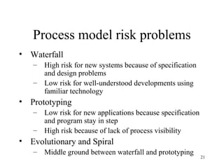 21
Process model risk problems
• Waterfall
– High risk for new systems because of specification
and design problems
– Low risk for well-understood developments using
familiar technology
• Prototyping
– Low risk for new applications because specification
and program stay in step
– High risk because of lack of process visibility
• Evolutionary and Spiral
– Middle ground between waterfall and prototyping
 