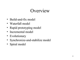 4
Overview
• Build-and-fix model
• Waterfall model
• Rapid prototyping model
• Incremental model
• Evolutionary
• Synchronize-and-stabilize model
• Spiral model
 