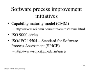 44
Software process improvement
initiatives
• Capability maturity model (CMM)
– http://www.sei.cmu.edu/cmm/cmms/cmms.html
• ISO 9000-series
• ISO/IEC 15504 – Standard for Software
Process Assessment (SPICE)
– http://www-sqi.cit.gu.edu.au/spice/
©Steven Schach 2002 [modified]
 