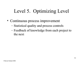 51
Level 5. Optimizing Level
• Continuous process improvement
– Statistical quality and process controls
– Feedback of knowledge from each project to
the next
©Steven Schach 2002
 