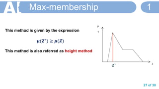 27 of 38
Max-membership 1
𝒁∗
This method is given by the expression
𝝁(𝒁∗
) ≥ 𝝁(𝒁)
This method is also referred as height method
 