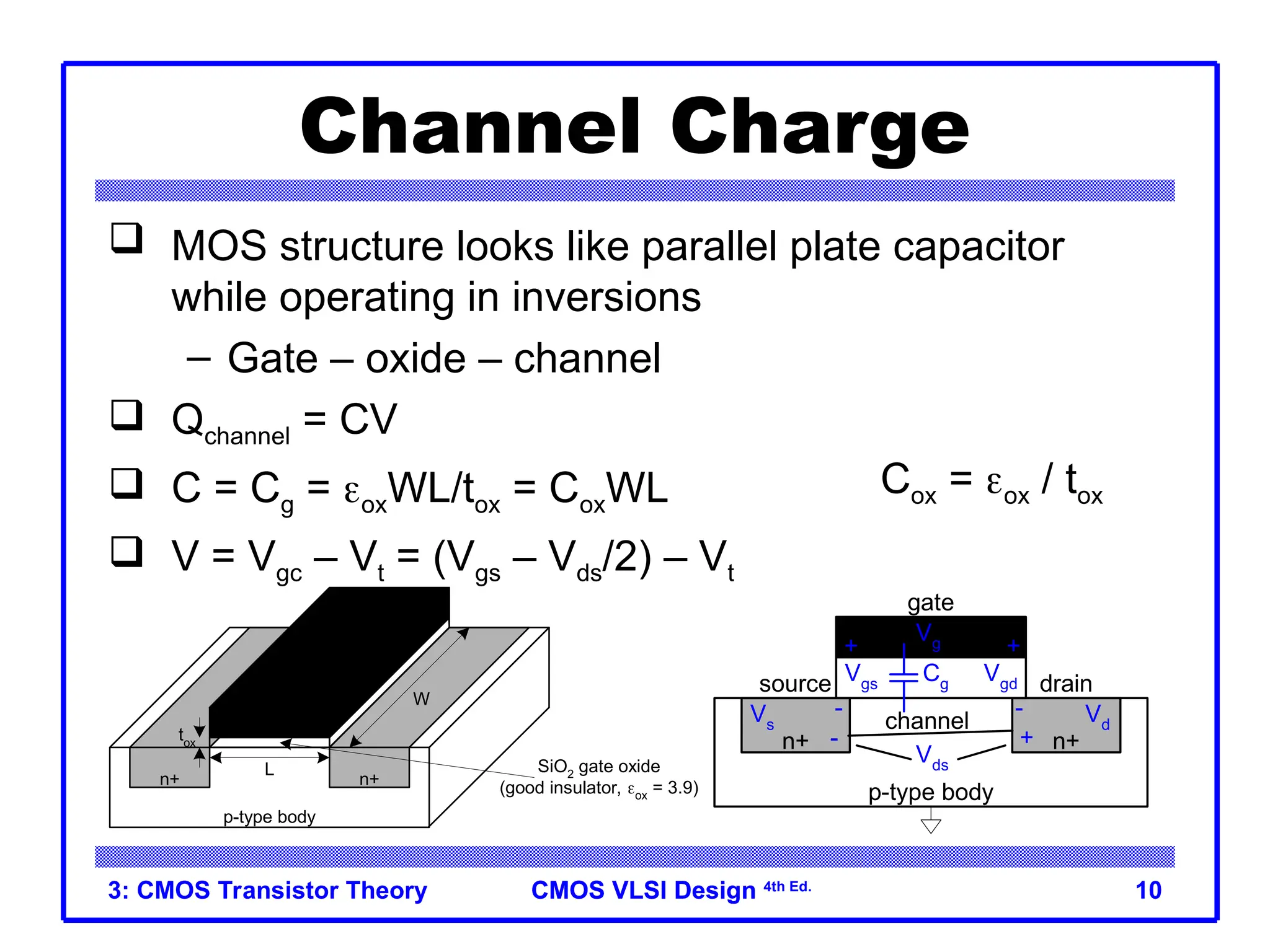 CMOS VLSI Design
CMOS VLSI Design 4th Ed.
3: CMOS Transistor Theory 10
Channel Charge
 MOS structure looks like parallel plate capacitor
while operating in inversions
– Gate – oxide – channel
 Qchannel = CV
 C = Cg = oxWL/tox = CoxWL
 V = Vgc – Vt = (Vgs – Vds/2) – Vt
n+ n+
p-type body
+
Vgd
gate
+ +
source
-
Vgs
-
drain
Vds
channel
-
Vg
Vs
Vd
Cg
n+ n+
p-type body
W
L
tox
SiO2 gate oxide
(good insulator, ox = 3.9)
polysilicon
gate
Cox = ox / tox
 