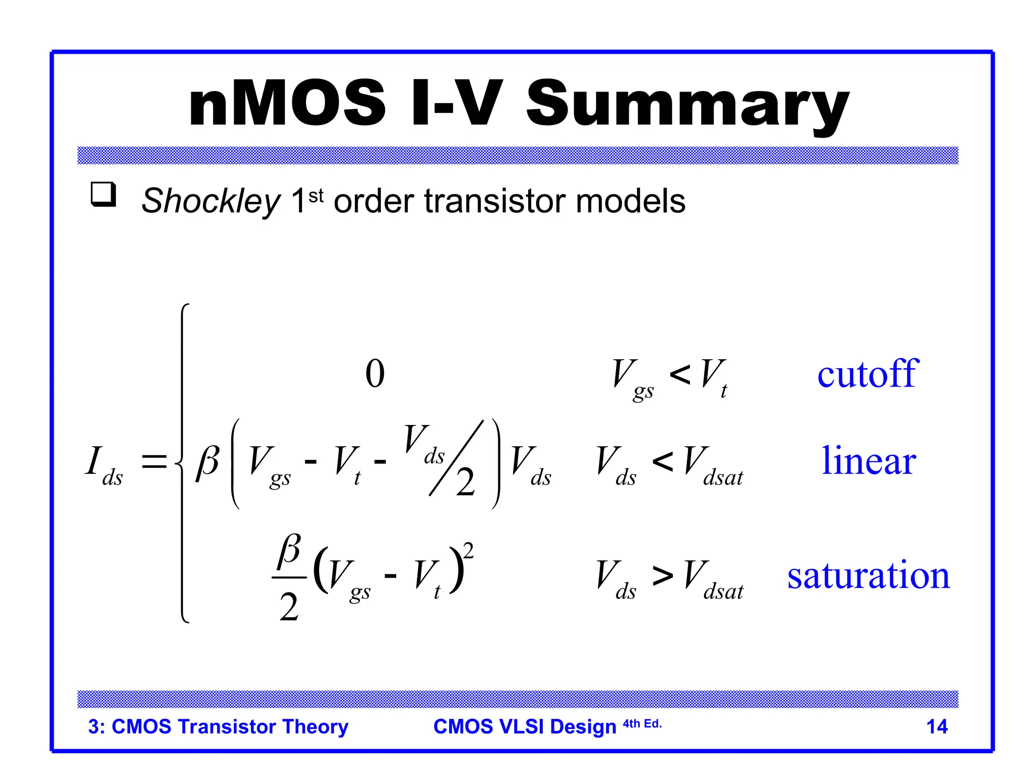 CMOS VLSI Design
CMOS VLSI Design 4th Ed.
3: CMOS Transistor Theory 14
nMOS I-V Summary
 
2
cutoff
linear
saturatio
0
2
2
n
gs t
ds
ds gs t ds ds dsat
gs t ds dsat
V V
V
I V V V V V
V V V V



 

  
   
 

 


 


 Shockley 1st
order transistor models
 