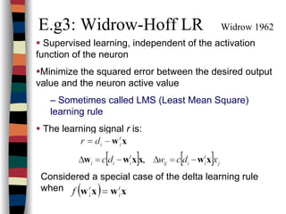 E.g3: Widrow-Hoff LR Widrow 1962
Supervised learning, independent of the activation
function of the neuron
Minimize the squared error between the desired output
value and the neuron active value
– Sometimes called LMS (Least Mean Square)
learning rule
The learning signal r is:
Considered a special case of the delta learning rule
when
 