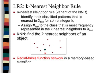 LR2: k-Nearest Neighbor Rule
K-nearest Neighbor rule (variant of the NNR)
– Identify the k classified patterns that lie
nearest to Xtest for some integer k,
– Assign Xtest to the class that is most frequently
represented in the k nearest neighbors to Xtest
KNN: find the k nearest neighbors of an
object.
Radial-basis function network is a memory-based
classifier
q
 