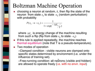 Boltzman Machine Operation
choosing a neuron at random, k, then flip the state of the
neuron from state xk to state -xk (random perturbation)
with probability
where is energy change of the machine resulting
from such a flip (flip from state xk to state –xk)
If this rule is applied repeatedly, the machine reaches
thermal equilibrium (note that T is a pseudo-temperature).
Two modes of operation
–Clamped condition : visible neurons are clamped onto
specific states determined by environment (i.e. under the
influence of training set).
–Free-running condition: all neurons (visible and hidden)
are allowed to operate freely (i.e. with no envir. input)
)exp(1
1
)(
T
E
xxP
k
kk
∆−
+
=−→
kE∆
ℑ
 