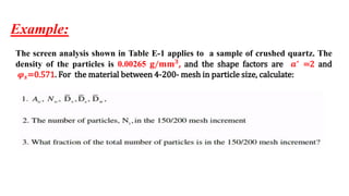 Example:
The screen analysis shown in Table E-1 applies to a sample of crushed quartz. The
density of the particles is 0.00265 𝐠/𝐦𝐦𝟑
, and the shape factors are 𝒂∗
=2 and
𝝋𝒔=0.571. For the material between 4-200- mesh in particle size, calculate:
 