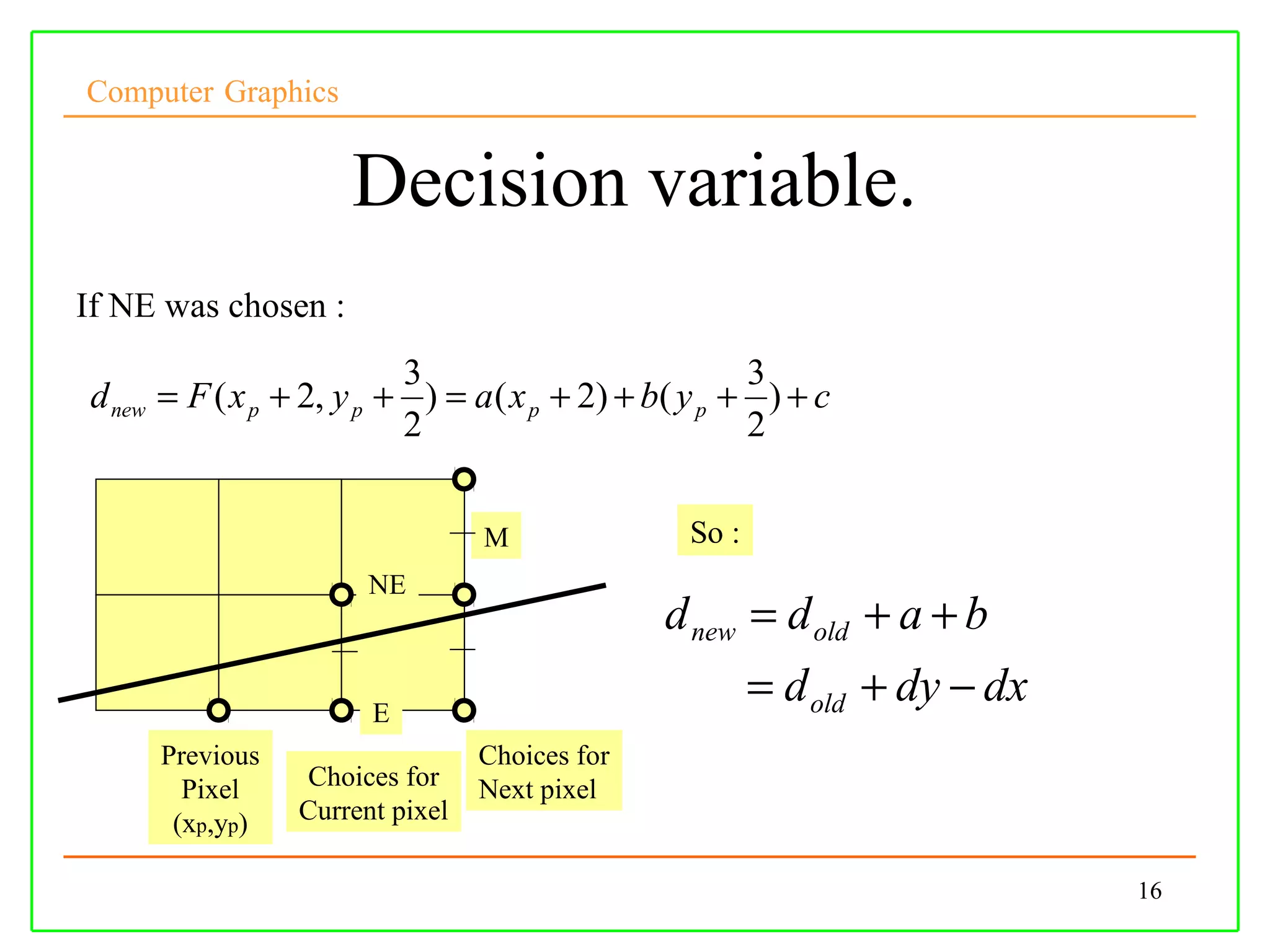 Computer Graphics


                     Decision variable.
If NE was chosen :
                          3                           3
d new = F ( x p + 2, y p + ) = a ( x p + 2) + b( y p + ) + c
                          2                           2

                                M               So :
                      NE
                                              d new = d old + a + b
                      E
                                                       = d old + dy − dx
     Previous                   Choices for
       Pixel    Choices for     Next pixel
      (xp,yp)   Current pixel

                                                                           16
 