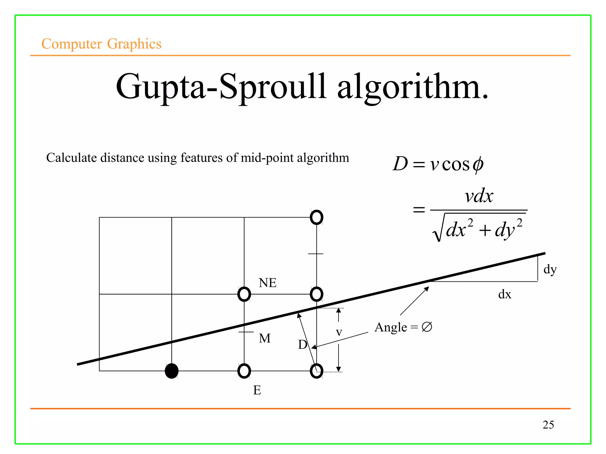 Computer Graphics


            Gupta-Sproull algorithm.
Calculate distance using features of mid-point algorithm
                                                             D = v cos φ
                                                                     vdx
                                                               =
                                                                   dx 2 + dy 2
                                                                                 dy
                                       NE
                                                                          dx

                                                     v     Angle = ∅
                                       M      D


                                      E

                                                                                 25
 