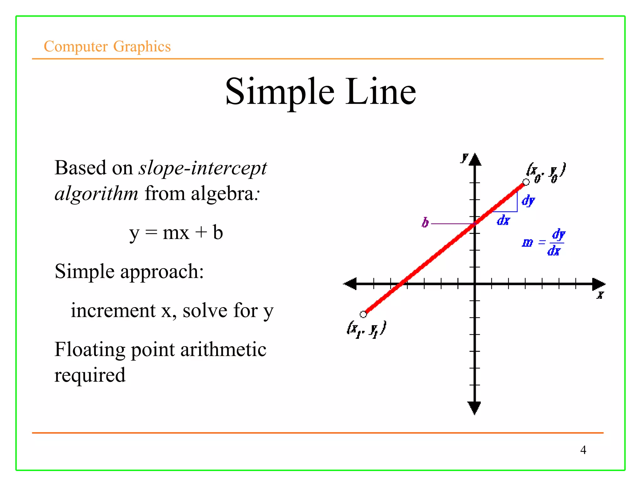 Computer Graphics


                        Simple Line
 Based on slope-intercept
 algorithm from algebra:
           y = mx + b
 Simple approach:
   increment x, solve for y
 Floating point arithmetic
 required


                                      4
 
