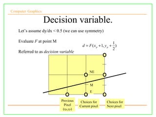 Computer Graphics

                    Decision variable.
    Let’s assume dy/dx < 0.5 (we can use symmetry)

    Evaluate F at point M                                      1
                                         d = F ( x p + 1, y p + )
                                                               2
    Referred to as decision variable



                                              NE


                                              M
                                              E

                            Previous   Choices for        Choices for
                              Pixel    Current pixel      Next pixel
                             (xp,yp)
 