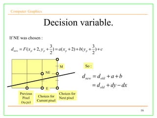 Computer Graphics


                     Decision variable.
If NE was chosen :
                          3                           3
d new = F ( x p + 2, y p + ) = a ( x p + 2) + b( y p + ) + c
                          2                           2

                                M               So :
                      NE
                                              d new = d old + a + b
                      E
                                                       = d old + dy − dx
     Previous                   Choices for
       Pixel    Choices for     Next pixel
      (xp,yp)   Current pixel

                                                                           16
 