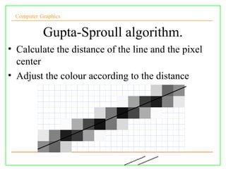 Computer Graphics


           Gupta-Sproull algorithm.
• Calculate the distance of the line and the pixel
  center
• Adjust the colour according to the distance
 