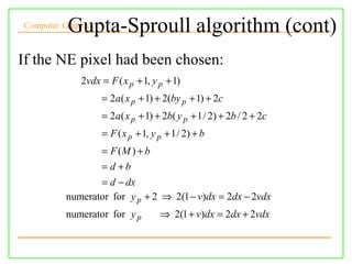 Gupta-Sproull algorithm (cont)
Computer Graphics



If the NE pixel had been chosen:
             2vdx = F ( x p + 1, y p + 1)
                    = 2a( x p + 1) + 2(by p + 1) + 2c
                    = 2a( x p + 1) + 2b( y p + 1 / 2) + 2b / 2 + 2c
                    = F ( x p + 1, y p + 1 / 2) + b
                 = F (M ) + b
                 = d +b
                 = d − dx
          numerator for y p + 2 ⇒ 2(1 − v)dx = 2dx − 2vdx
          numerator for y p          ⇒ 2(1 + v)dx = 2dx + 2vdx
 