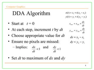 Computer Graphics


     DDA Algorithm                        x(t ) = x1 + t ( x2 − x1 )
                                          y (t ) = y1 + t ( y2 − y1 )

                                                               dx
 •   Start at t = 0                           xnew = xold +
                                                               dt
 •   At each step, increment t by dt           ynew = yold   +
                                                               dy
                                                               dt
 •   Choose appropriate value for dt           dx = x2 − x1
 •   Ensure no pixels are missed:              dy = y2 − y1
     – Implies:     dx      and   dy
                       <1            <1
                    dt            dt

 • Set dt to maximum of dx and dy
                                                                    8
 