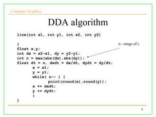 Computer Graphics


                    DDA algorithm
   line(int x1, int y1, int x2, int y2)

   {                                           n - range of t.
   float x,y;
   int dx = x2-x1, dy = y2-y1;
   int n = max(abs(dx),abs(dy));
   float dt = n, dxdt = dx/dt, dydt = dy/dt;
          x = x1;
          y = y1;
          while( n-- ) {
                 point(round(x),round(y));
          x += dxdt;
          y += dydt;
          }
   }

                                                                 9
 