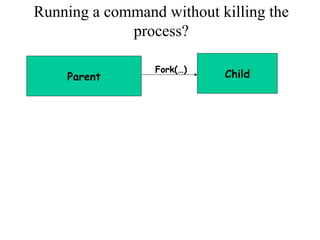 Running a command without killing the
process?
Parent ChildFork(…)
 