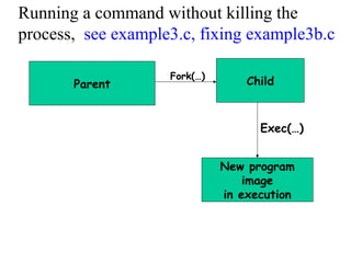 Running a command without killing the
process, see example3.c, fixing example3b.c
Parent ChildFork(…)
Exec(…)
New program
image
in execution
 