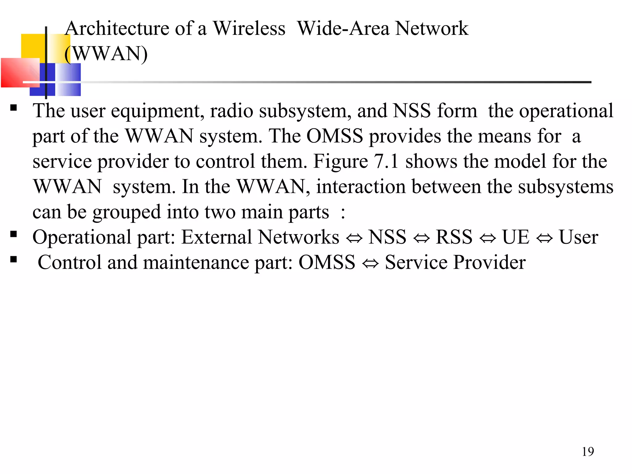19
Architecture of a Wireless Wide-Area Network
(WWAN)
 The user equipment, radio subsystem, and NSS form the operational
part of the WWAN system. The OMSS provides the means for a
service provider to control them. Figure 7.1 shows the model for the
WWAN system. In the WWAN, interaction between the subsystems
can be grouped into two main parts :
 Operational part: External Networks NSS RSS UE User⇔ ⇔ ⇔ ⇔
 Control and maintenance part: OMSS Service Provider⇔
 